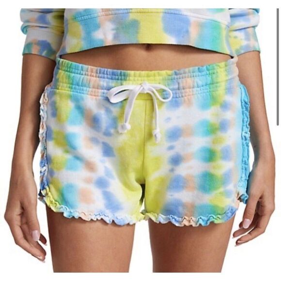 GENERATION LOVE Womens Jay Ruffle Sweat Shorts NEW Blue Multi Tie-Dye Sz Large L - Picture 1 of 12